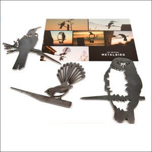 Metalbirds, mini birds: tui, piwakawaka and ruru